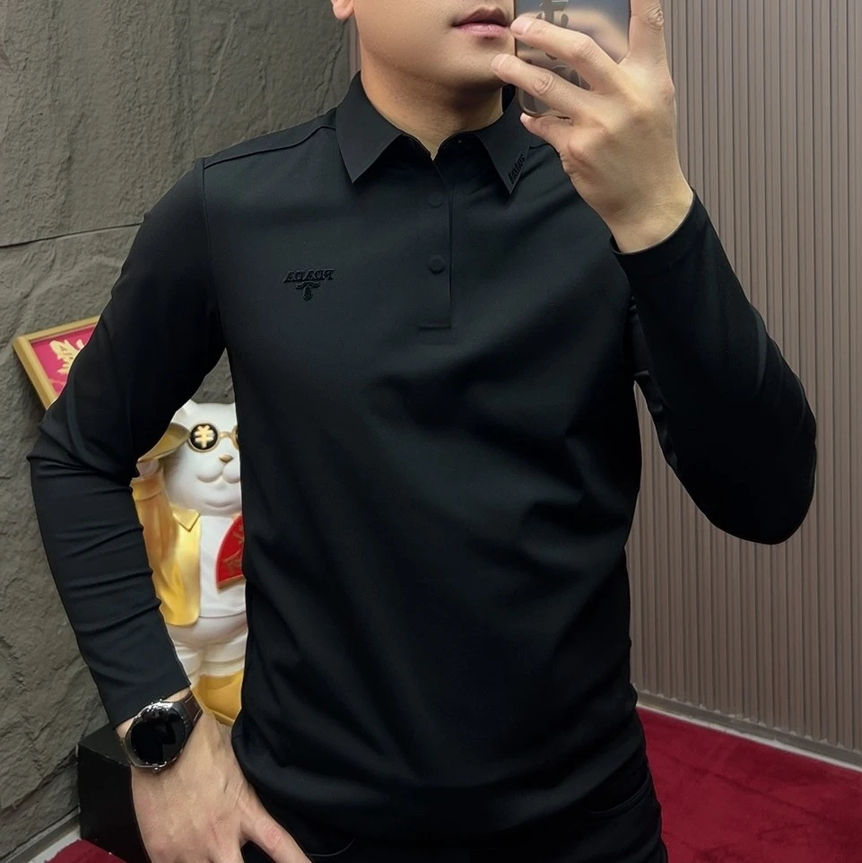 2025-9830纯色潮流Polo衫休闲冬季加绒长袖简约风厚款上衣男