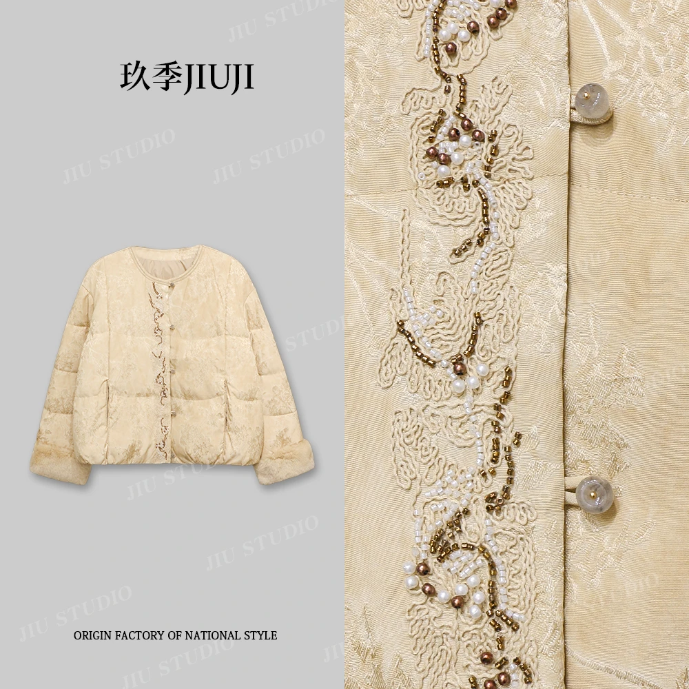 【珠缎绒韵】90绒羽绒服中式珠绣缎面獭兔毛轻奢国风外套女F1703