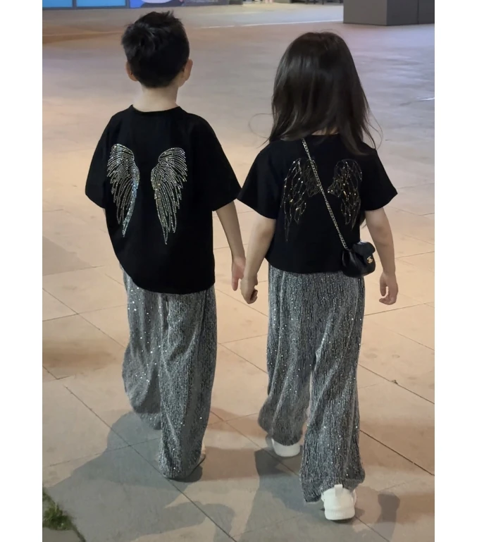 【柚子妈妈专属】女童天使翅膀亮钻短袖流星雨阔腿裤男童翅膀时髦潮