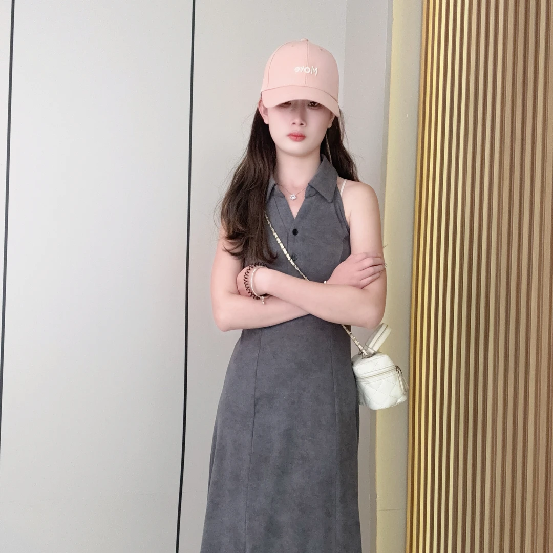 2025夏季新款法式复古气质收腰显瘦无袖polo领背心连衣裙女3059