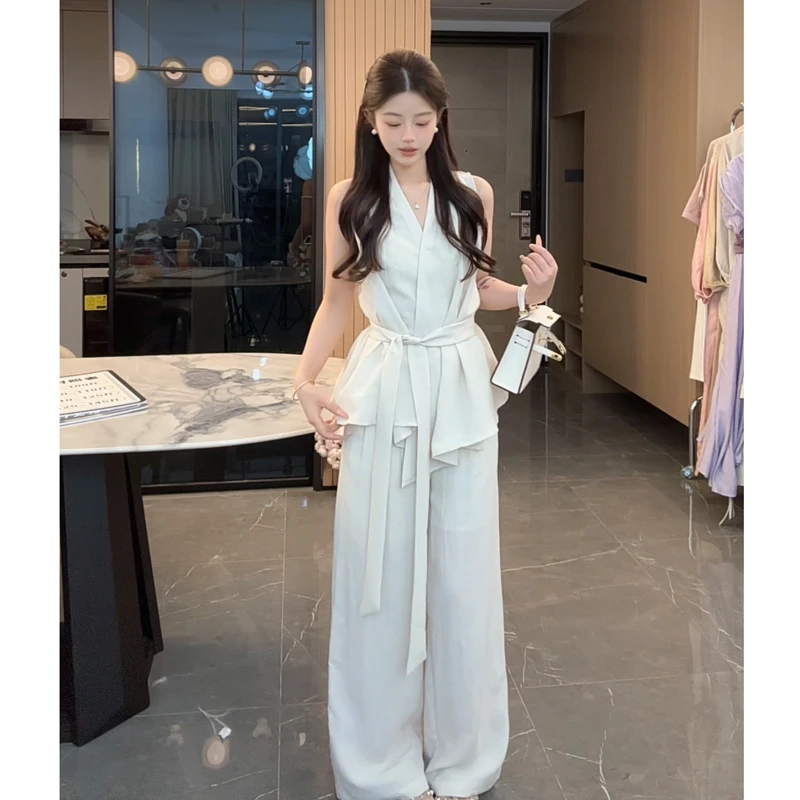 【五五专属】夏季新款时尚气质设计感收腰亚麻上衣宽松阔腿裤2819