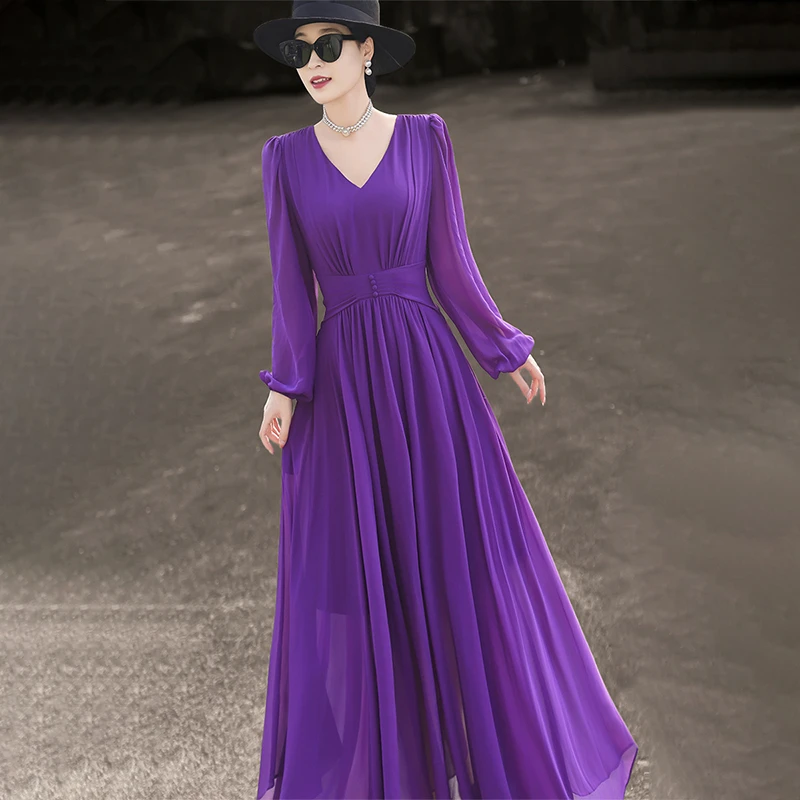 MEXCOCO/兰瑟儿早秋新款优雅收腰显瘦紫色大摆连衣裙105CL2333