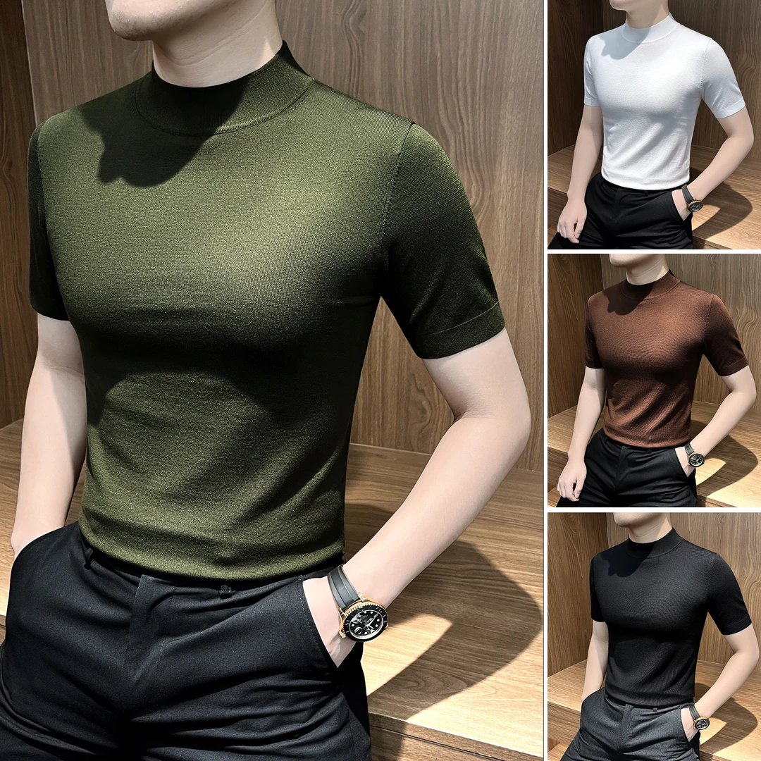 莱赛尔男士t恤短袖高级感纯色休闲男装半高领修身男款针织打底衫