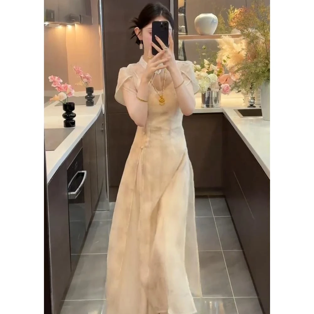 独特漂亮掐腰裙2025夏气质轻奢高级感巨好看新中式杏色旗袍连衣裙