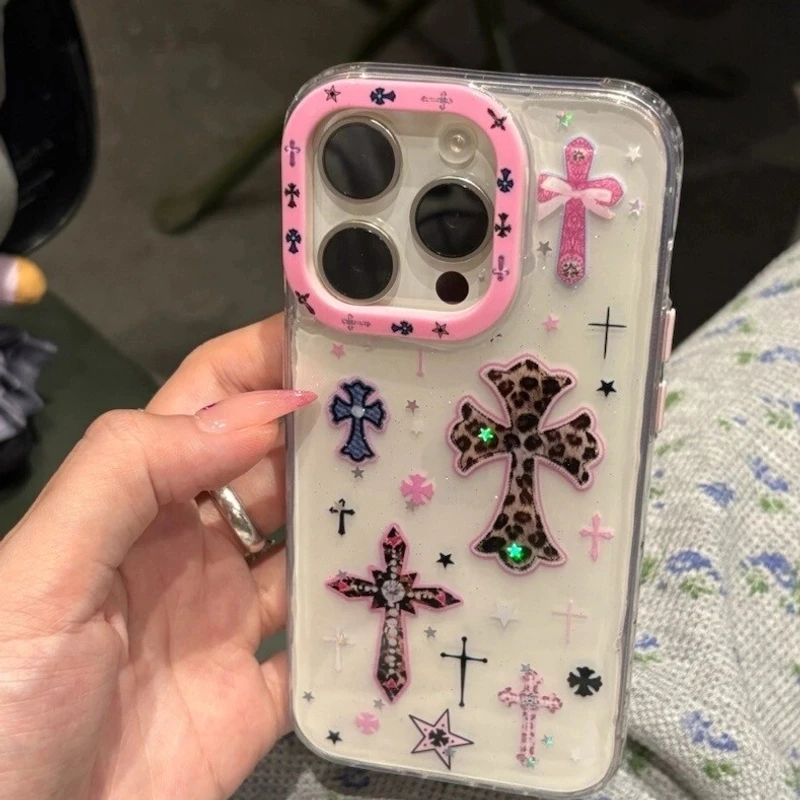 镜头框图案闪粉豹纹十字架适用iPhone16promax手机壳苹果15少女14