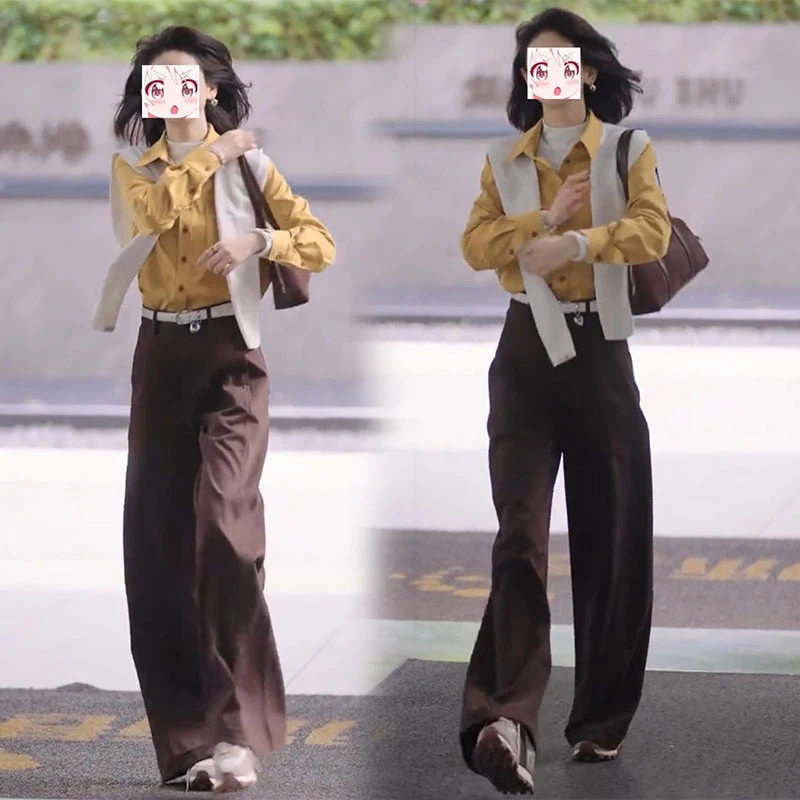 2025年秋季时尚复古港风显瘦气质polo领长袖衬衫高腰直筒裤两件套