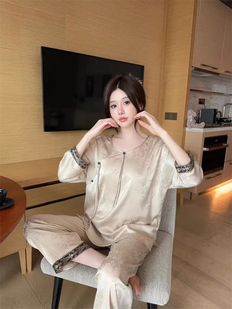 新中式国风金色印花睡衣女夏2025薄款慵懒风休闲高级感家居服套装
