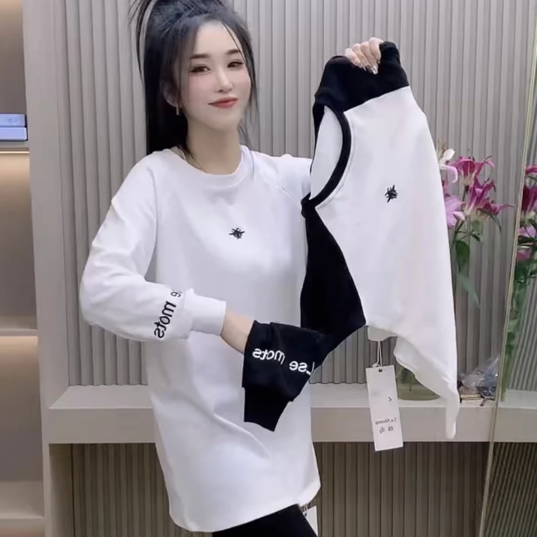 新款时尚百搭显瘦拼接撞色刺绣圆领长袖卫衣