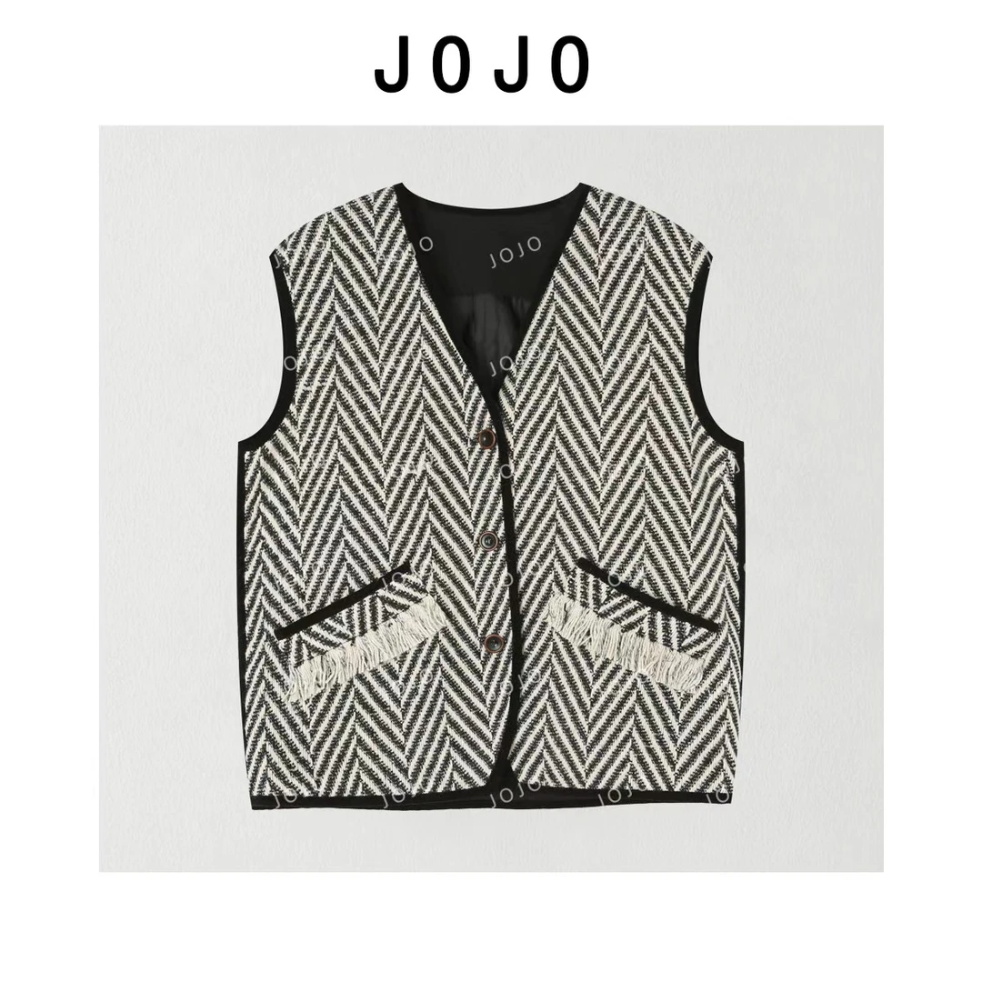 玖了个玖 2025秋季新品极简百搭人字纹流苏口袋马甲 2509C5956