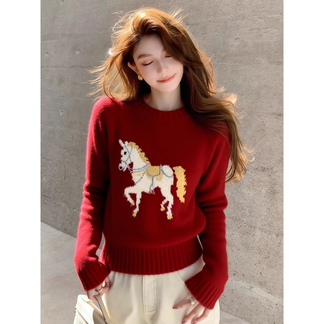 红色白马印花软糯针织衫毛衣女2025秋冬季绝美巨好看圣诞穿搭上衣