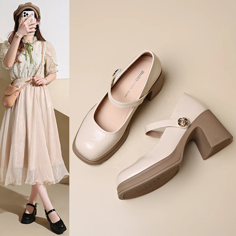 2025年春季浅口胶粘学院风圆头单鞋高跟鞋子增高玛丽珍鞋复古法式