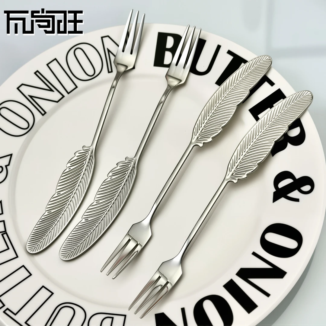 瓦尚旺不锈钢儿童叉304羽毛手柄食品级韩式勺餐叉水果叉月饼叉