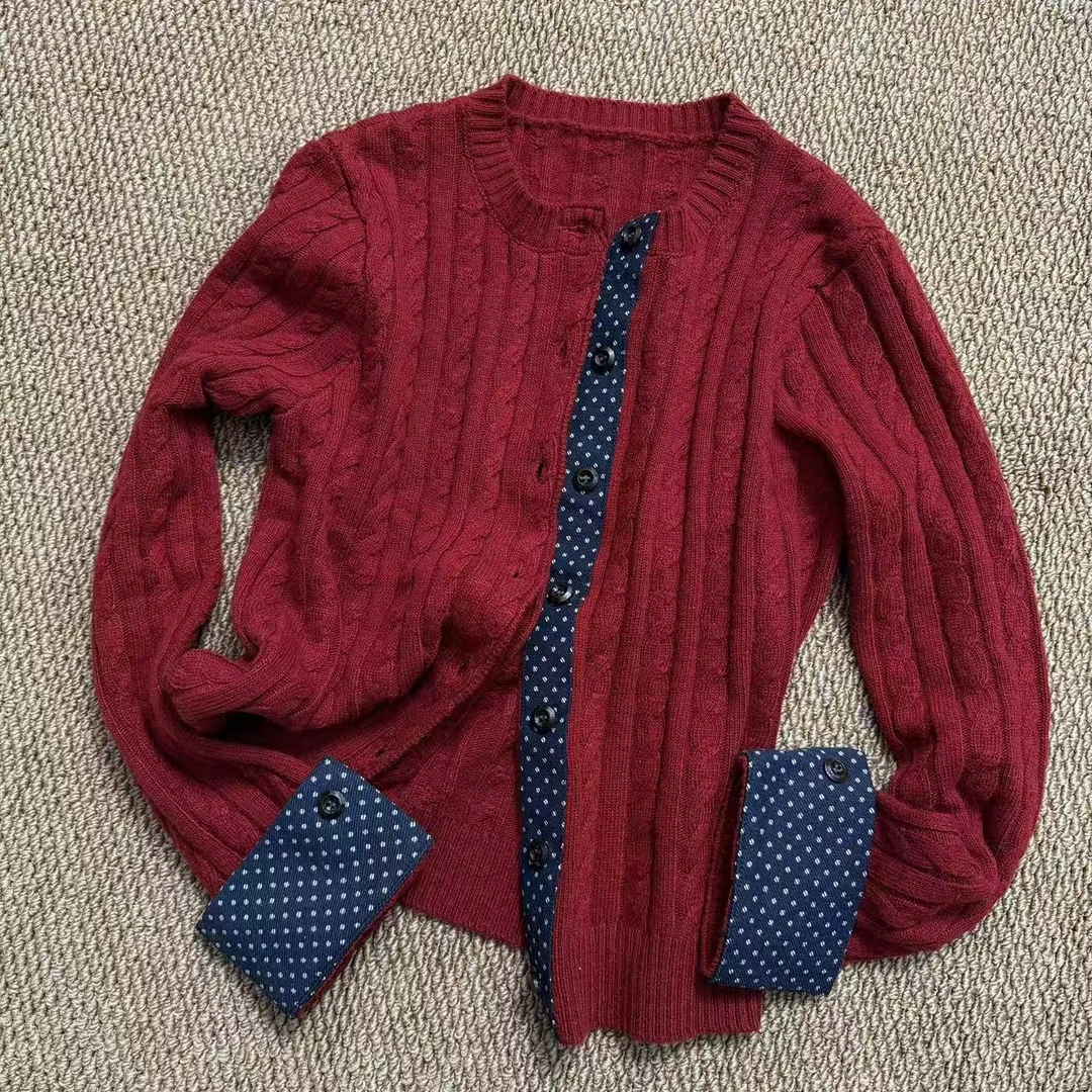 秋冬百搭复古圆领波点拼接麻花针织开衫毛衣