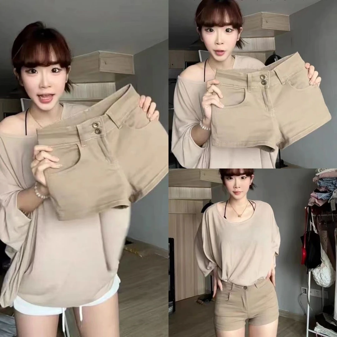 卡其色弹力牛仔短裤2025夏季新款高腰显瘦辣妹a字丰胯包臀热裤子