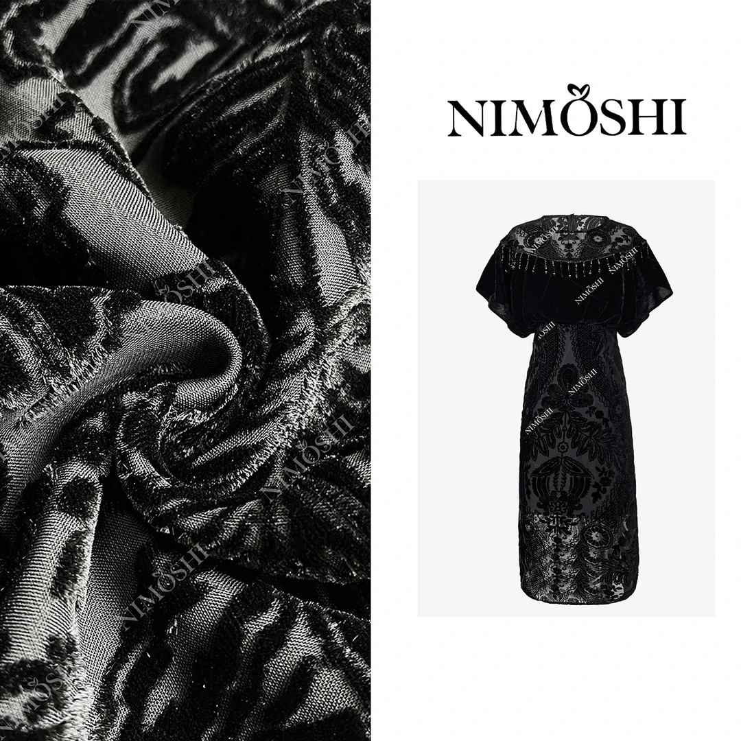 Dan总高级感流苏设计亮黑网纱花卉刺绣气质显瘦连衣裙Q2002