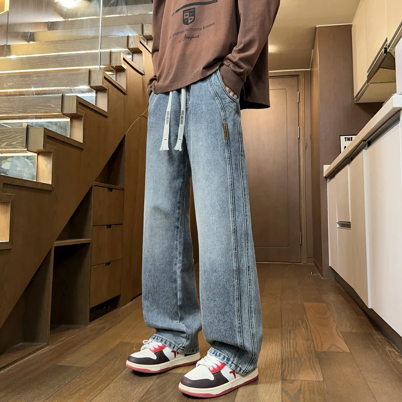 秋季新款青少年美式复古高街水洗牛仔裤宽松直筒百搭有型男生长裤