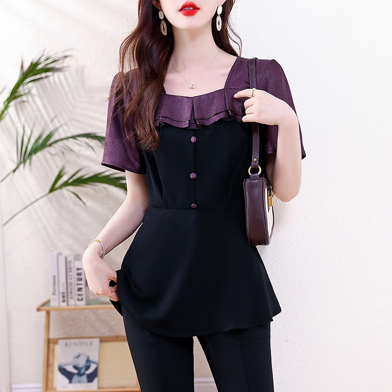 yml1345大码女装2025夏季新款气质法式衬衫胖MM修身显瘦短袖上衣