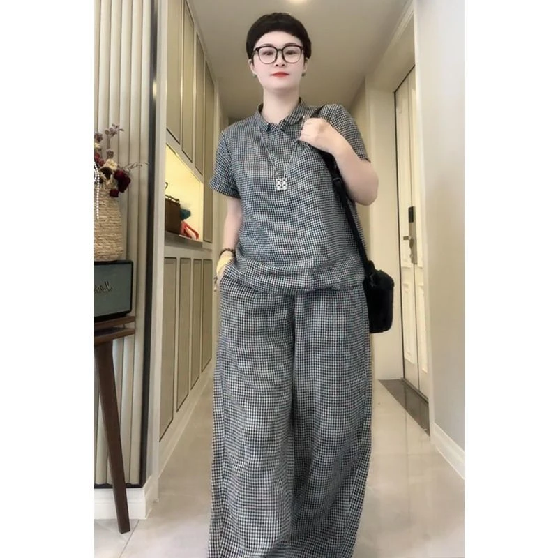 欧洲站2025夏季新款韩系百搭休闲翻领短袖上衣高腰阔腿裤格子套装