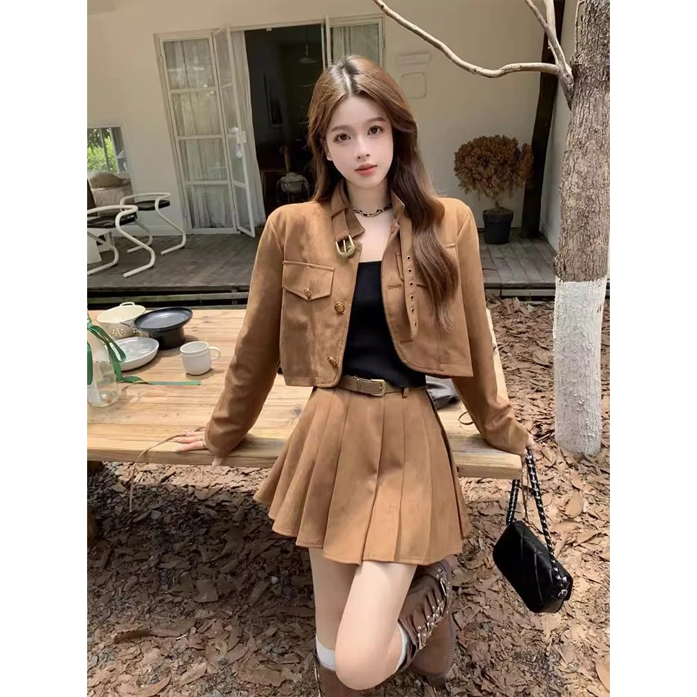 美式复古麂皮绒棕色夹克开衫短款外套秋冬美拉德+腰带！！！