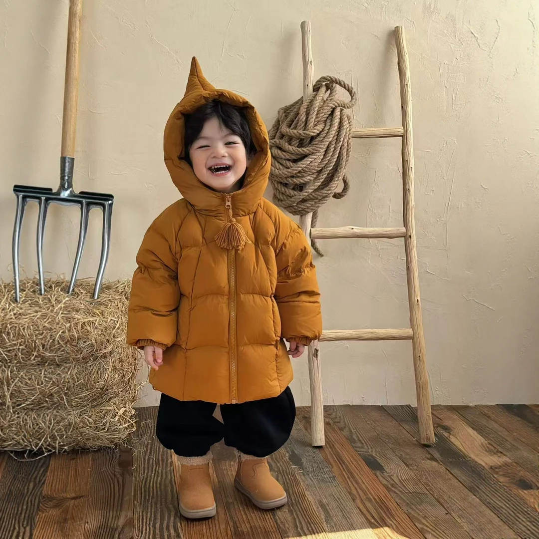 儿童羽绒服冬季新款韩版男童女童连帽中长款加厚纯色小童保暖冬装