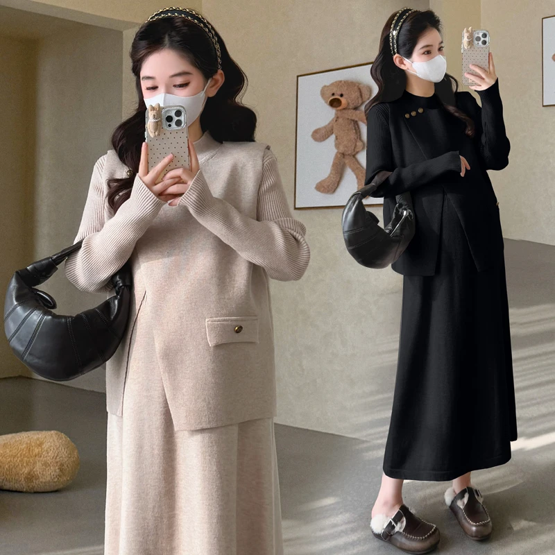 孕妇连衣裙秋冬季套装2025新款孕妈法式穿搭马甲上衣裙子高级冬装