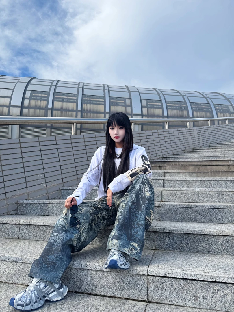 Ash   涂鸦破坏3D打印印花阔腿牛仔长裤 2023m宽松版型