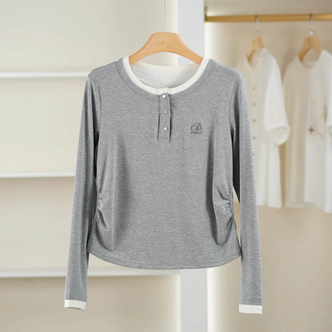 麦迪尚品【夕Y】50909215 春季时尚简约假两件打底上衣品牌女装