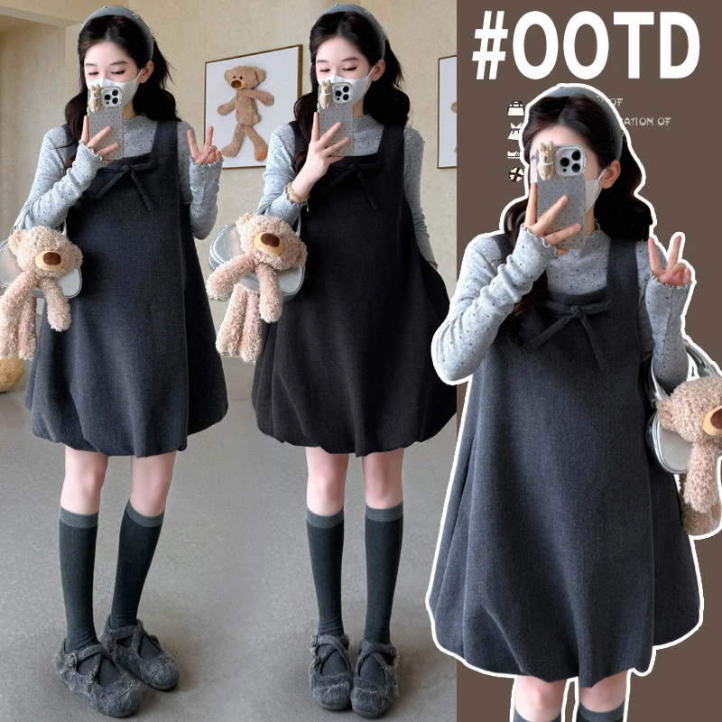 孕妇套装秋冬新款宽松洋气花苞背心裙＋百搭打底衫甜美减龄两件套