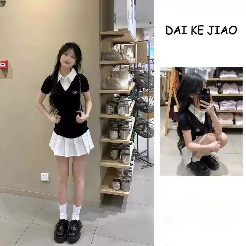 夏季学院风撞色收腰显瘦百褶短款连衣裙5032