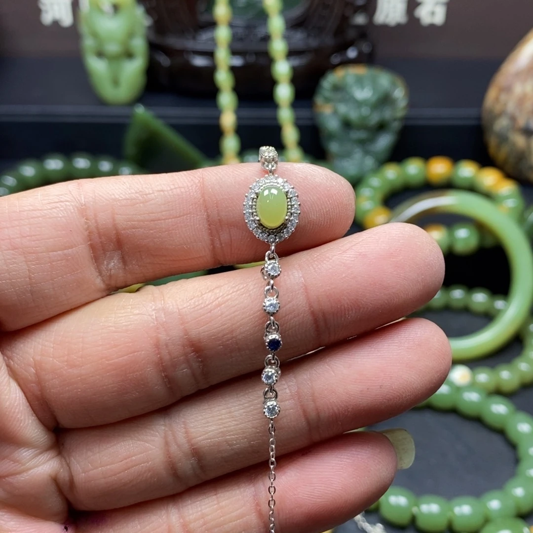 岫岩老玉（透闪石质玉）手链银S925镶嵌扬