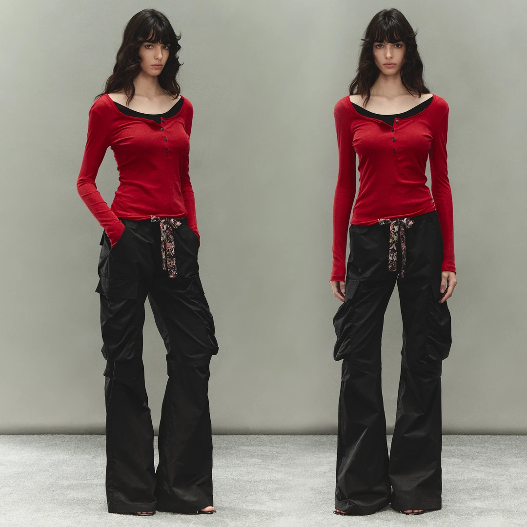 PRRP 复古层次感穿搭假两件亨利领修身长袖T恤上衣