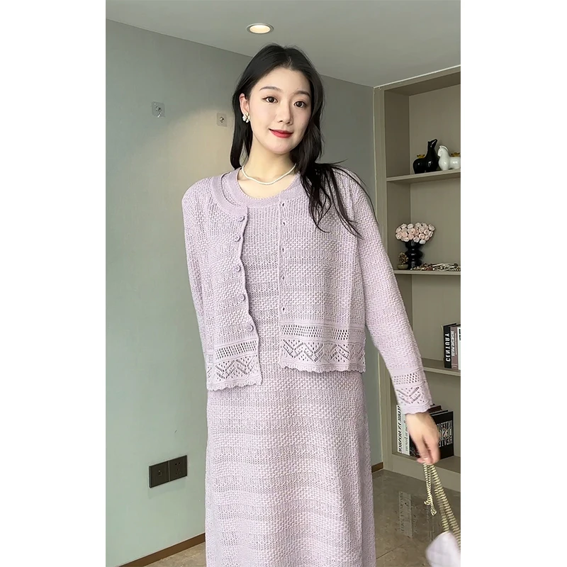 大码镂空针织开衫女胖mm气质温柔遮肉显瘦中长款背心裙两件套套装