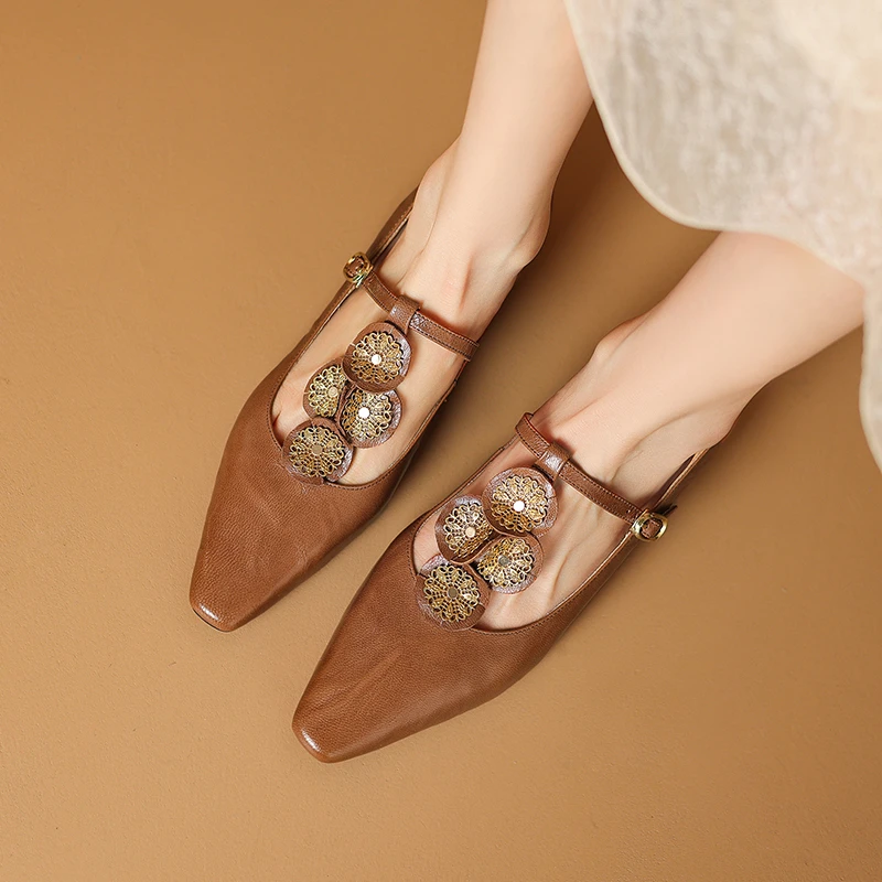 李大龙~羊皮2.5公分/春季复古方头浅口单鞋时尚通勤平底玛丽珍鞋