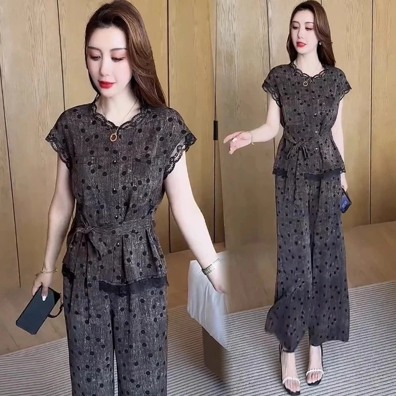 时尚套装女2025夏季新款洋气显瘦气质短袖上衣阔腿裤两件套潮