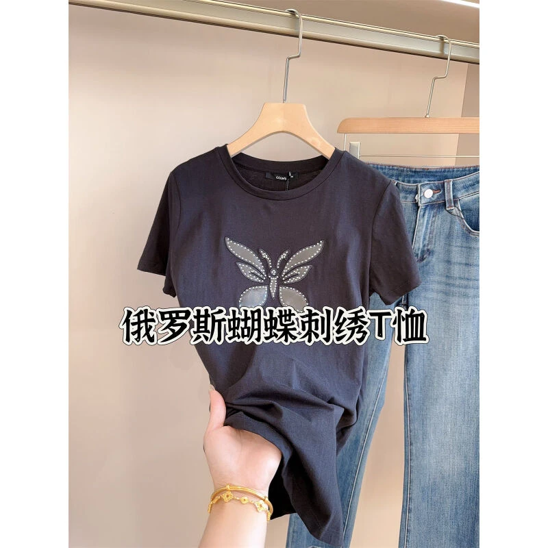 俄罗斯单 亮钻蝴蝶短袖T恤女