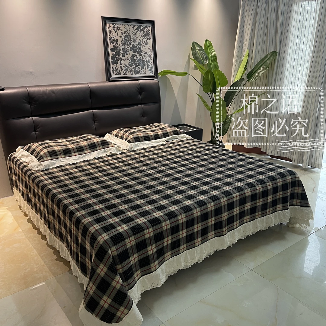 【棉之语大格子系列】全棉色织水洗棉床盖三件套  砂洗工艺
