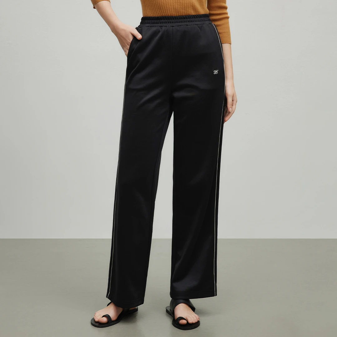 舒适含棉休闲裤女秋季字母刺绣设计感撞色侧边条直筒长裤Y130518