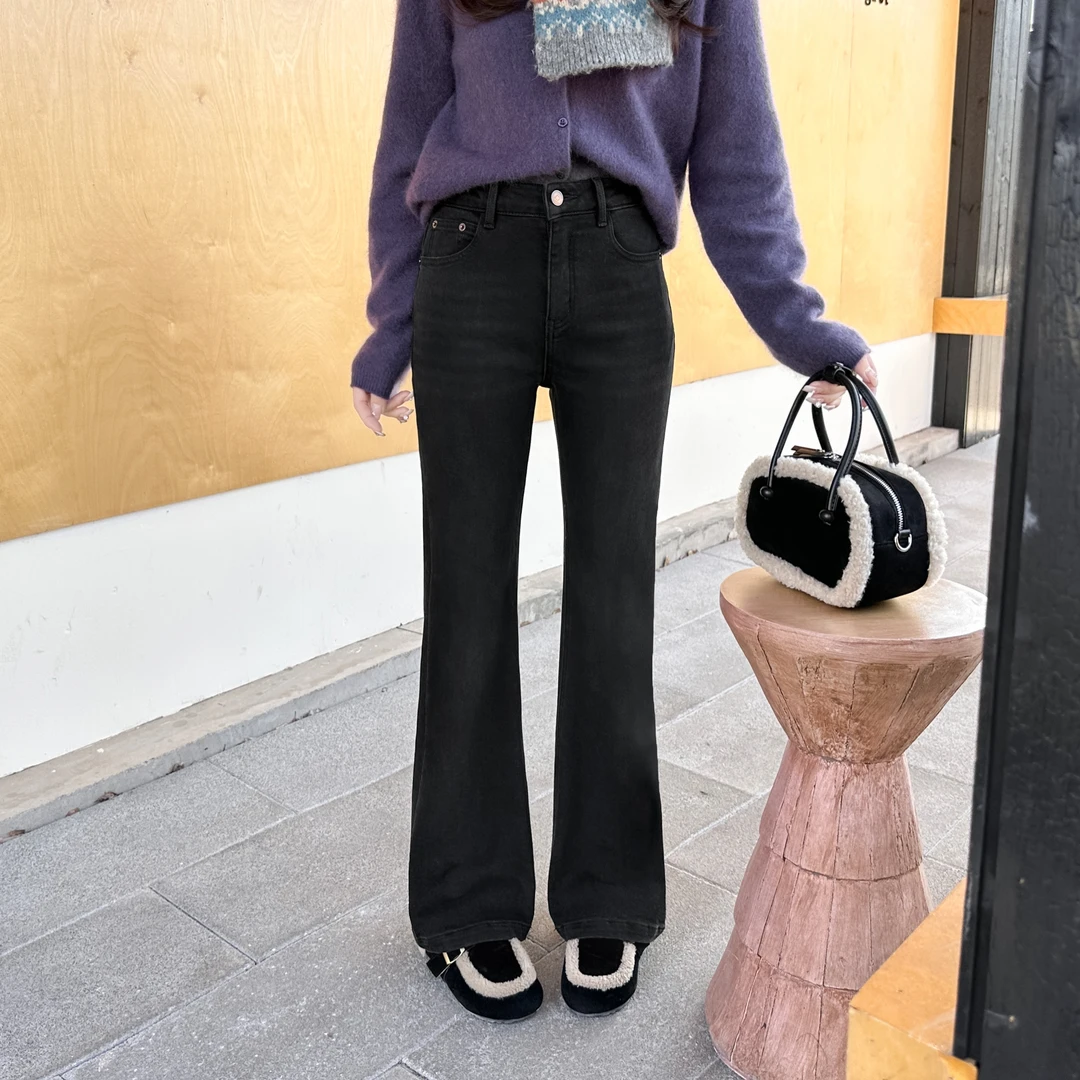 【冬季加绒】弹力加绒直筒微喇牛仔裤秋冬超显瘦休闲黑色高腰喇叭裤