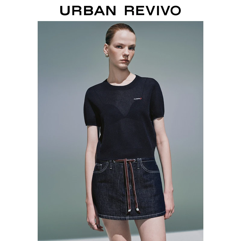 UR2025夏季新款女装时尚撞色刺绣圆领短袖针织衫UYU950094