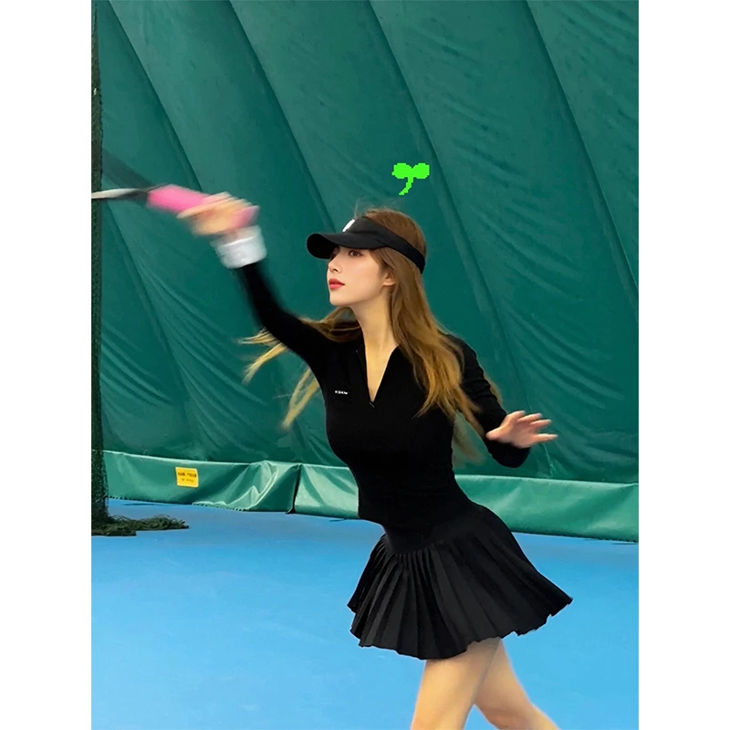 卡盛黑色网球服套装女2025夏季新款轻薄透气速干高尔夫球服两件套