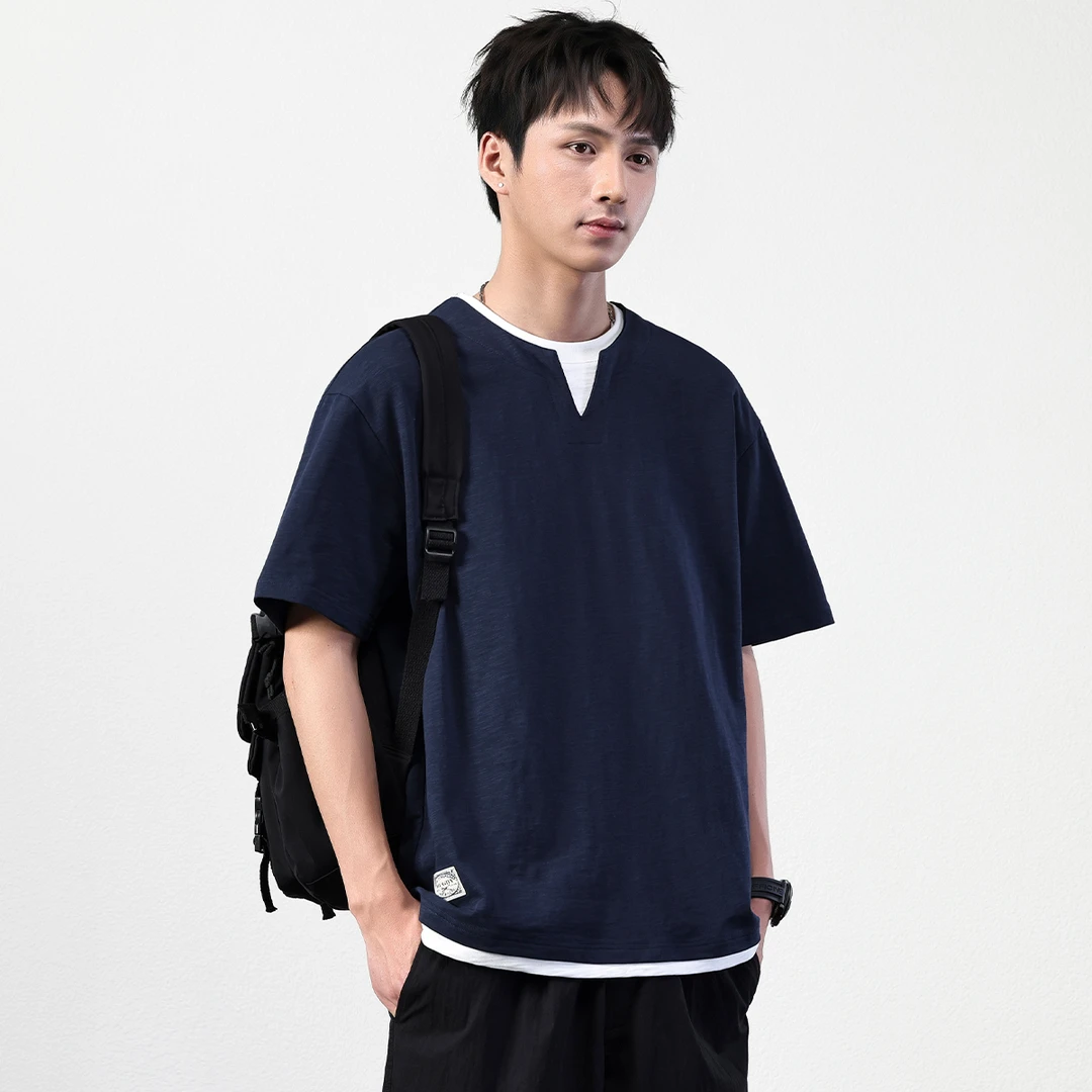 号志HAOZHI夏季短袖T恤美式休闲纯色假两件宽松百搭时尚男士上衣