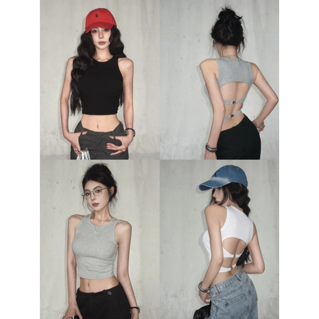 夏季热辣免穿带胸垫镂空美背背心女装文胸小吊带无袖短款露背上衣