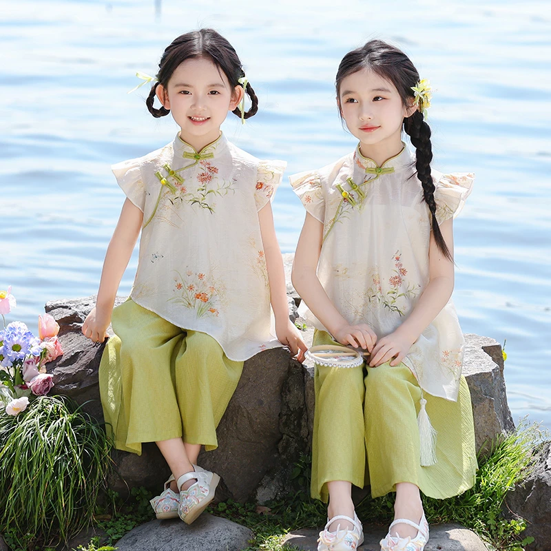 【小森林】汉服女童夏装宝宝中国风绿色阔腿裤套装小女孩新中式古装