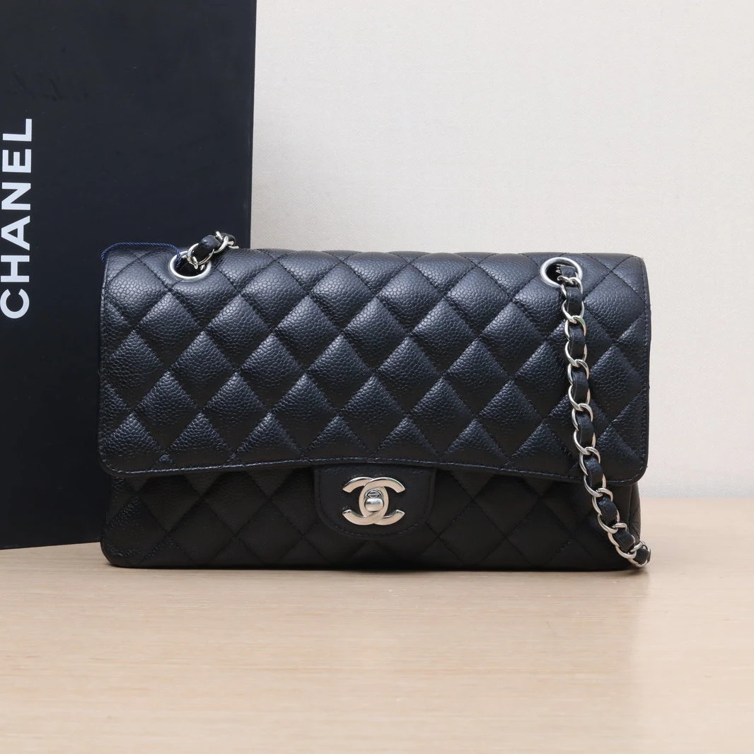 95新 Chanel/香奈儿 【双双】CF 口盖包 中号 25.5cm 24开 银扣