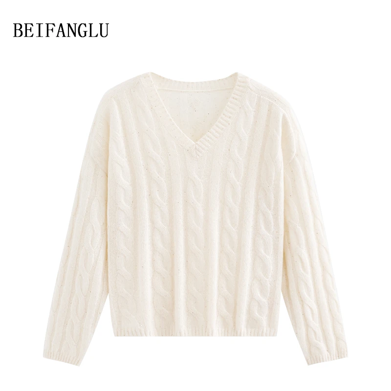 北方鹿 软糯山羊绒珠片纱绞花V领气质休闲百搭针织羊绒衫女士1527