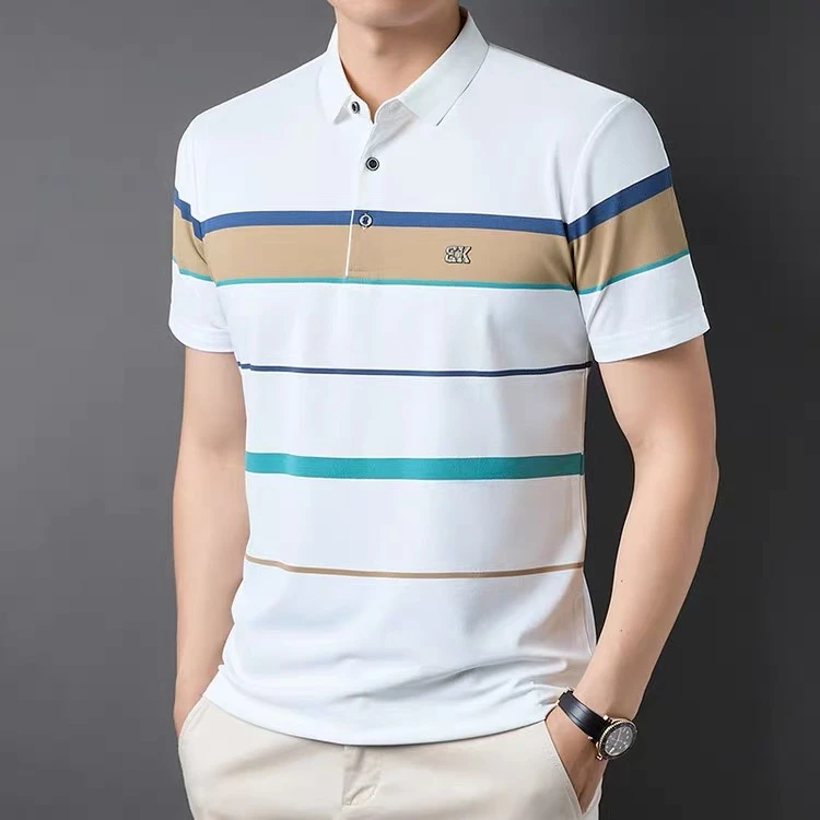 2025三颗纽扣夏季新款男装中青年短袖条纹翻领T恤衫休闲POLO