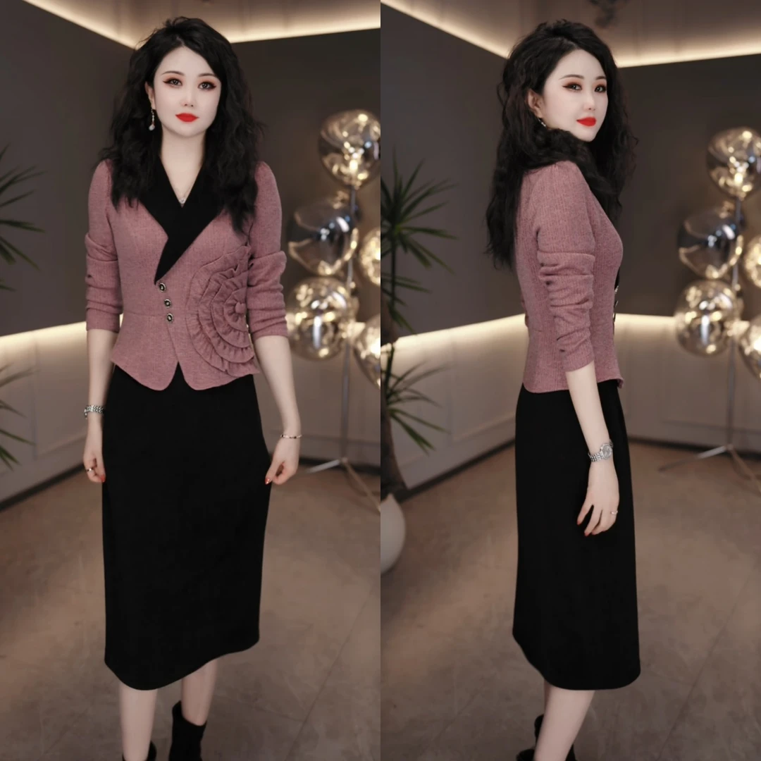 2025冬季加厚加绒轻职风时尚气质假两件百搭减龄显瘦连衣裙M-4XL