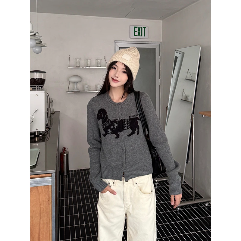 URKR美式复古小狗提花针织毛衣女秋季百搭显瘦慵懒开衫外套