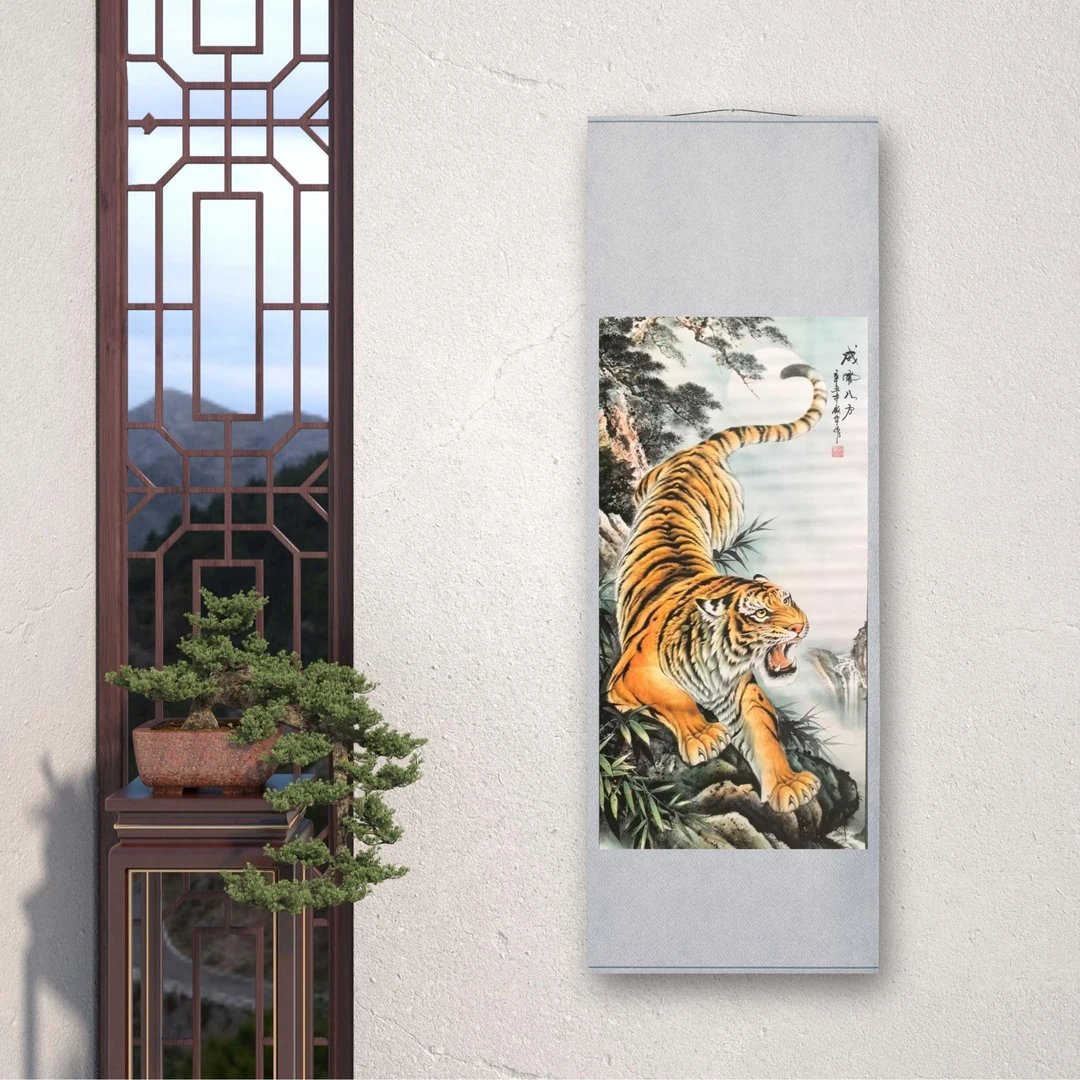 简国画装饰挂画卷轴高档锦绫已装裱