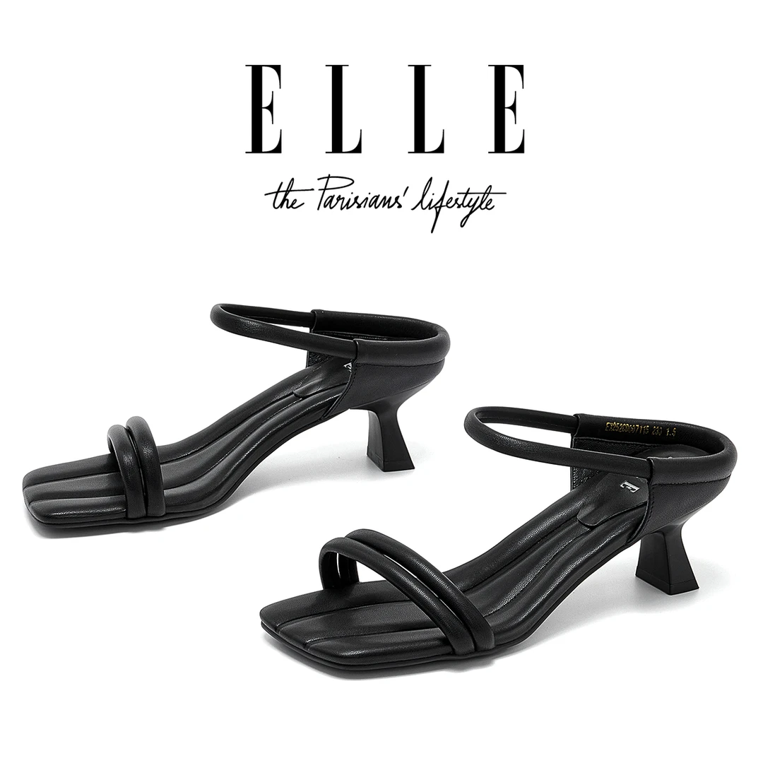 ELLE羊皮方头露趾拖鞋女夏季外穿高跟鞋气质高级不累脚度假凉拖鞋
